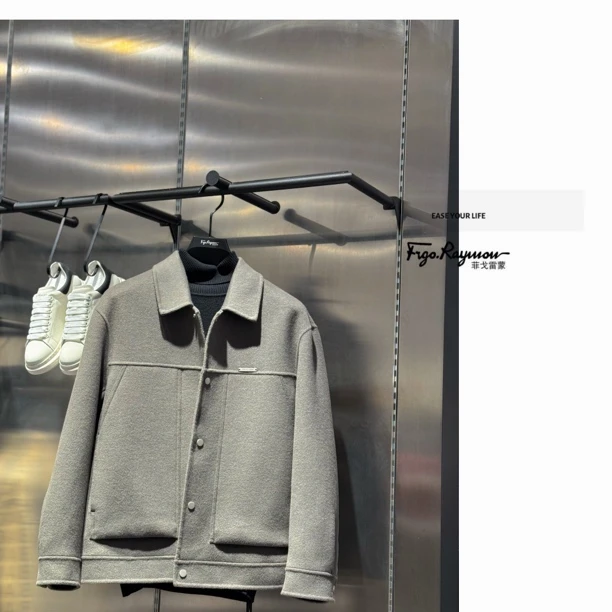 71%纯色绵羊毛纯色男士毛呢夹克短版秋冬新款高端双面呢子外套