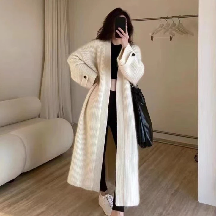 MY0190慵懒风宽松袖口带扣中长款毛衣外套