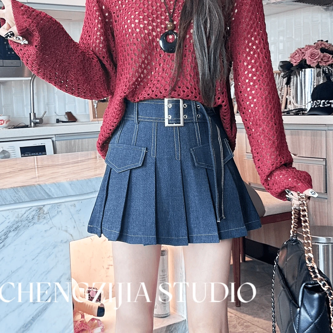 【裴诗婷】QZ0286明线拼接百褶裙牛仔裙