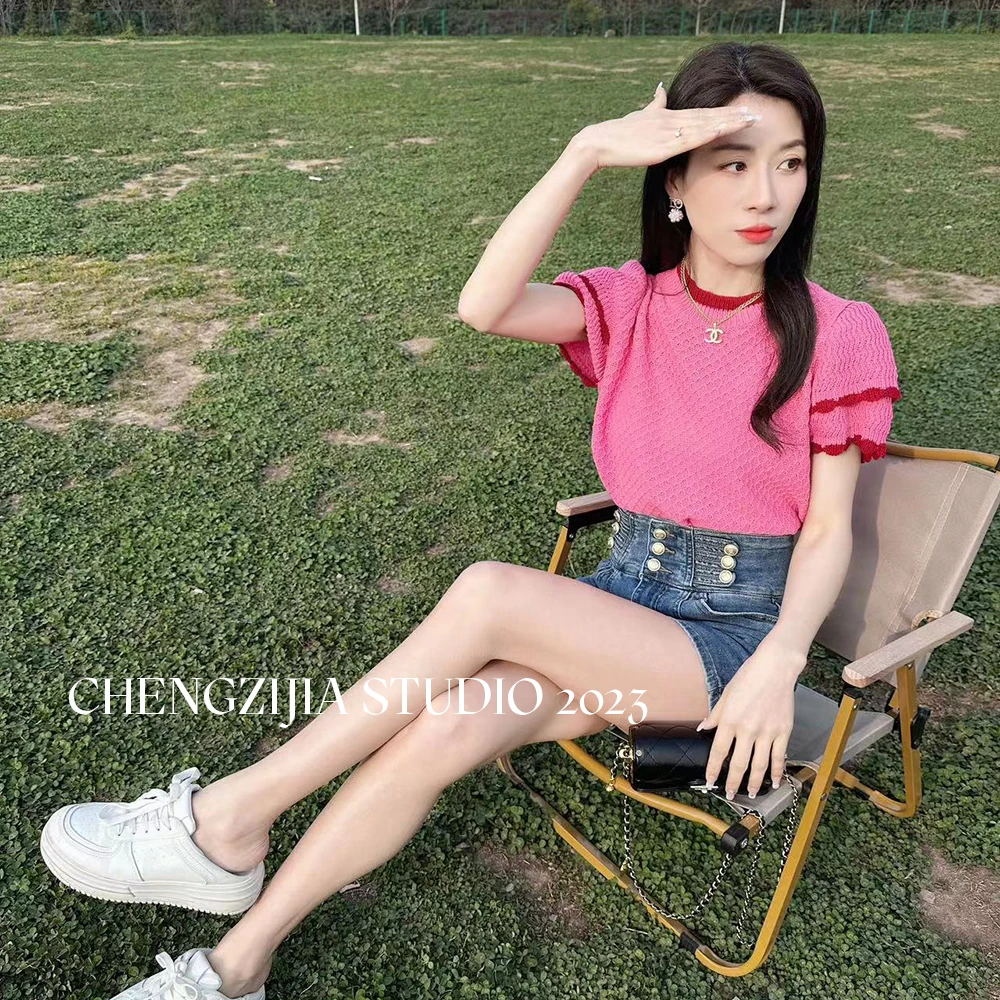 DD0209春夏季新款时尚短款百搭休闲圆领双层堆堆袖针织衫女T恤003