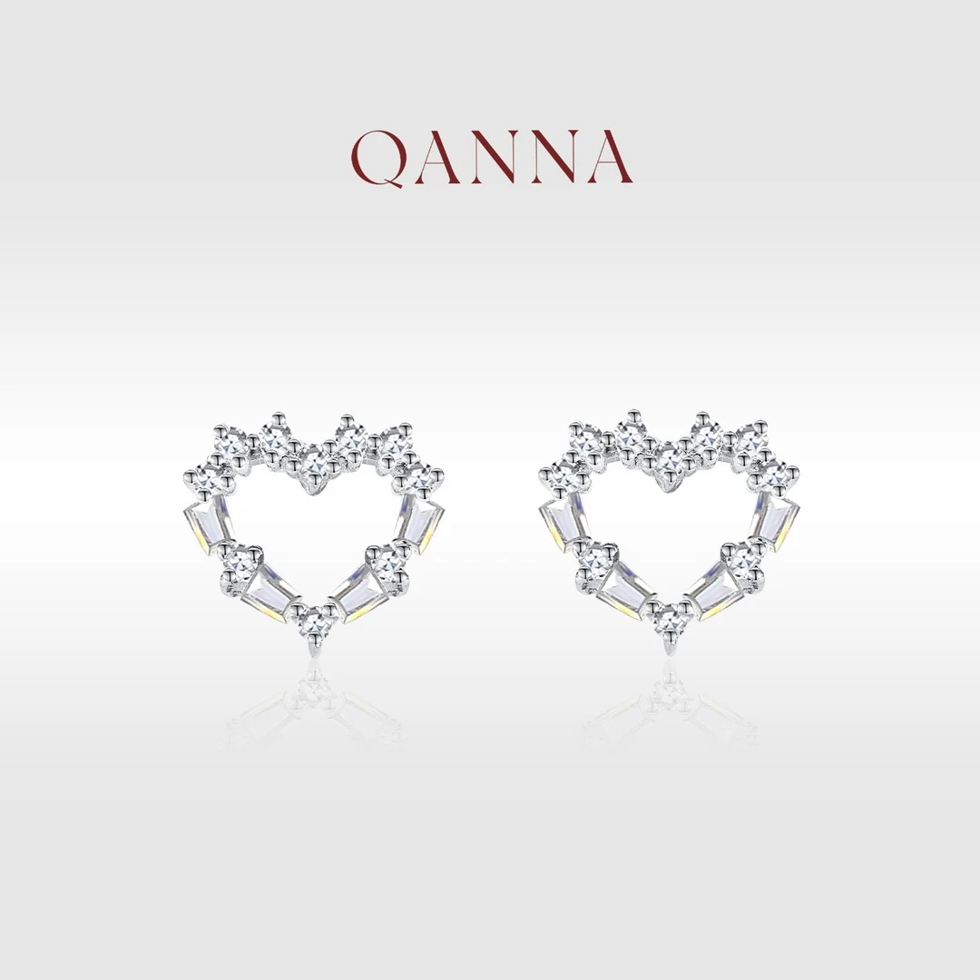 QANNA【拼接爱心耳钉】18K金气质镶天然真钻小众钻石耳钉AF