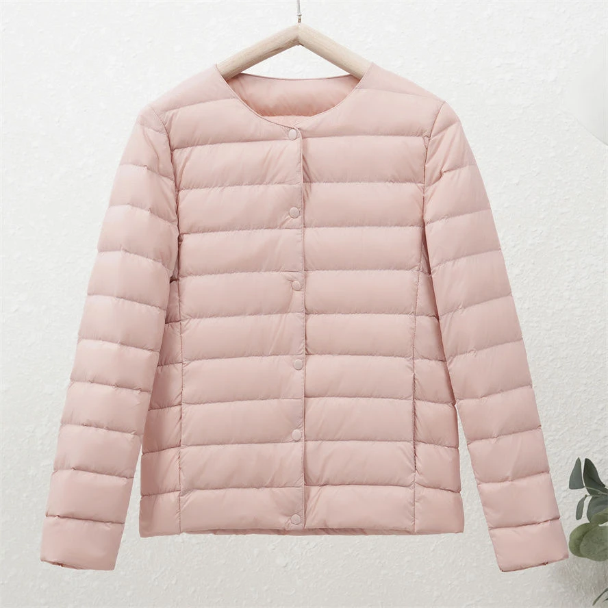 白鸭绒轻薄羽绒服女圆领内胆短款秋冬装新款无领大码宽松保暖外套