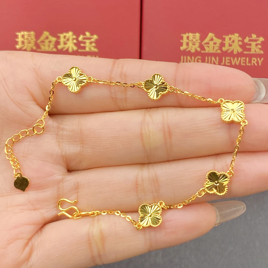 璟金珠宝足金999黄金镭射四叶花幸运草手链有延长链金重5.59g