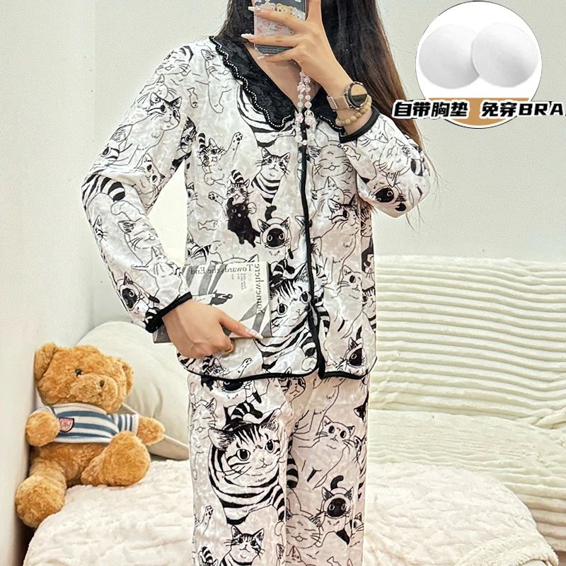 原版高品质!!!2026金钻绒带胸垫睡衣女长袖春秋冬家居服舒适保暖