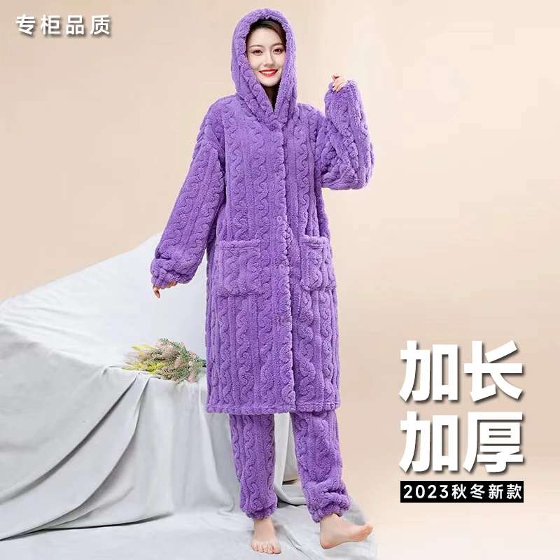 【100%好评率】冬季睡衣女加绒加厚保暖加长浴袍长款宽松套装可外穿
