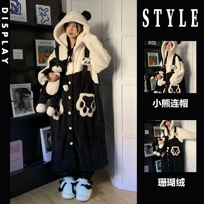 可爱熊猫珊瑚绒睡衣女冬款新款加绒加厚毛绒睡袍长裤家居服套装冬