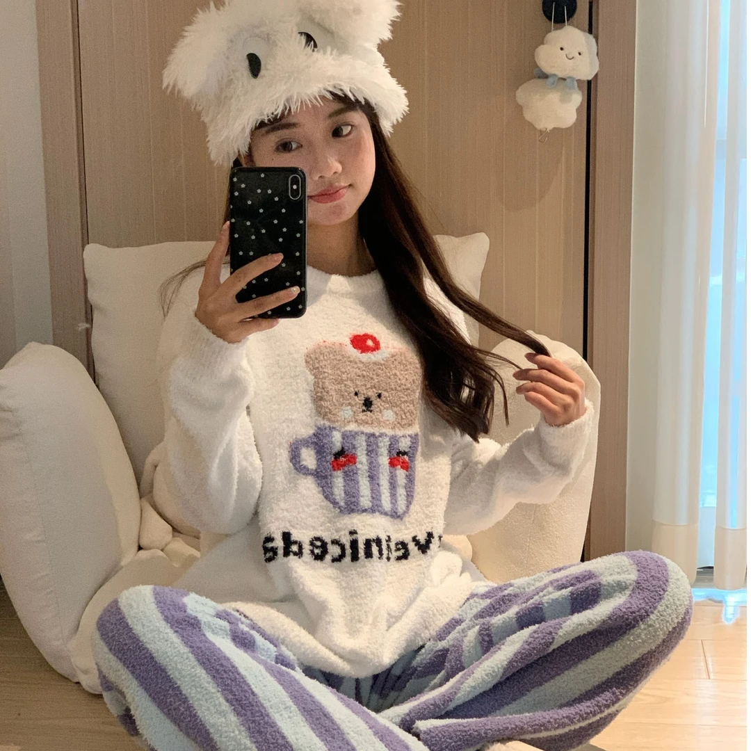 可爱小熊半边绒睡衣女冬款2024新款加厚保暖毛绒针织家居服套装冬