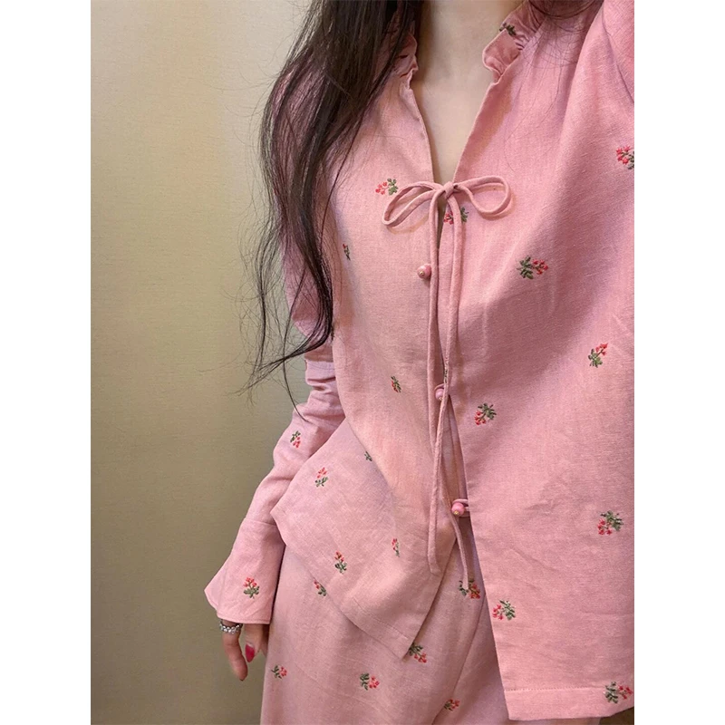 【居家睡衣】国风新中式粉色印花棉纱睡衣女简约风粉色家居服套装