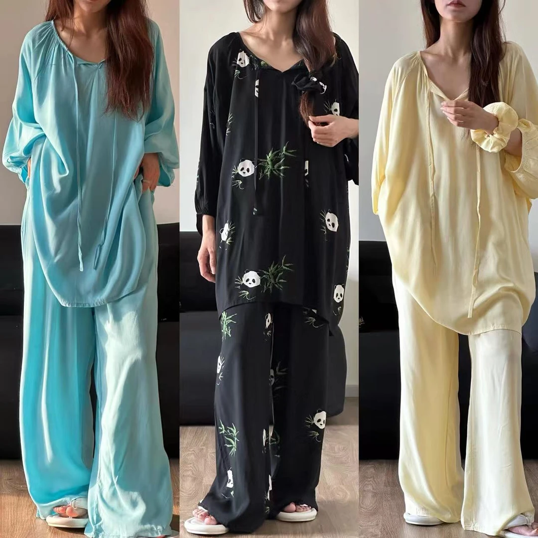 新中式高级长袖绵绸睡衣女春秋款新款彩色波点印花家居服大码套装