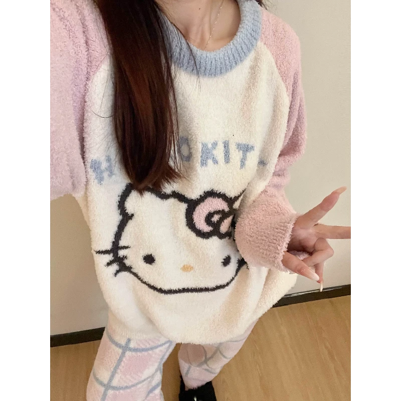 撞色HelloKitty半边绒针织睡衣女秋冬季加厚格纹家居服套装可外穿
