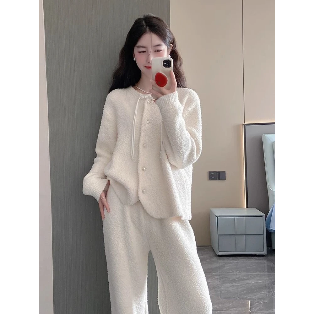 睡衣女秋冬半边绒2024新款可外穿家居服套装软绵绵高级感保暖加厚