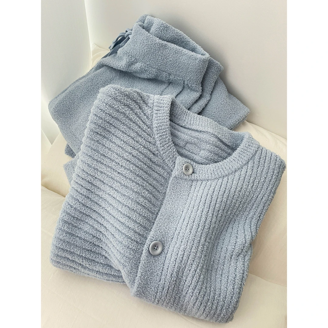 【软糯蓝色】圆领半边绒睡衣时尚纯色款秋冬新款加厚家居服套装女