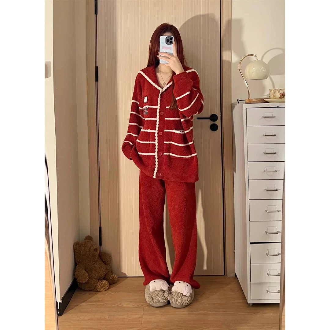 【拜年服喜庆红色】针织睡衣女冬季2025新款加厚半边绒家居服套装