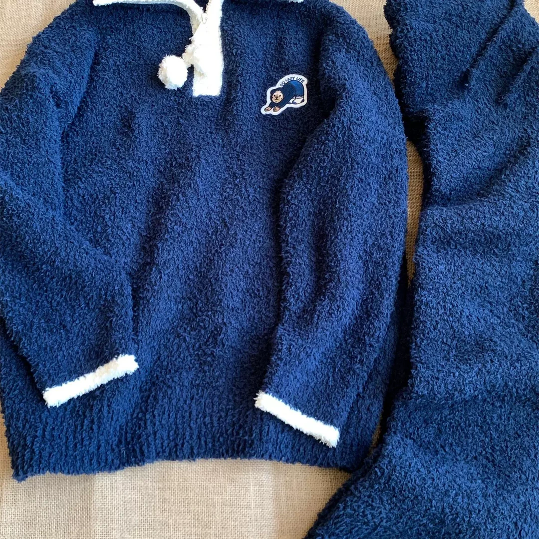 2024新款可爱卡通小熊半边绒睡衣冬季女款大码加厚保暖家居服套装