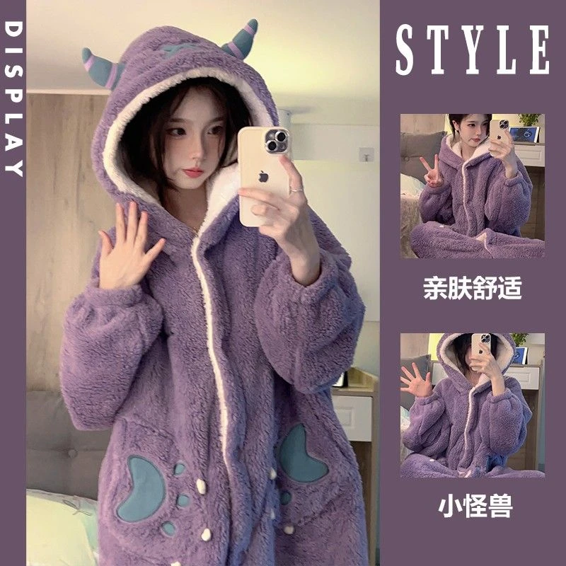 加厚毛绒睡裙居家服学生女冬季新款少女大眼仔连帽珊瑚绒睡衣外穿