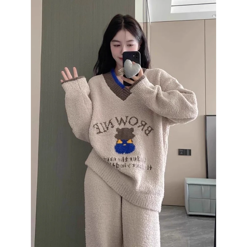 韩版V领半边绒卡通睡衣女款秋冬季可爱风加厚撞色针织家居服套装