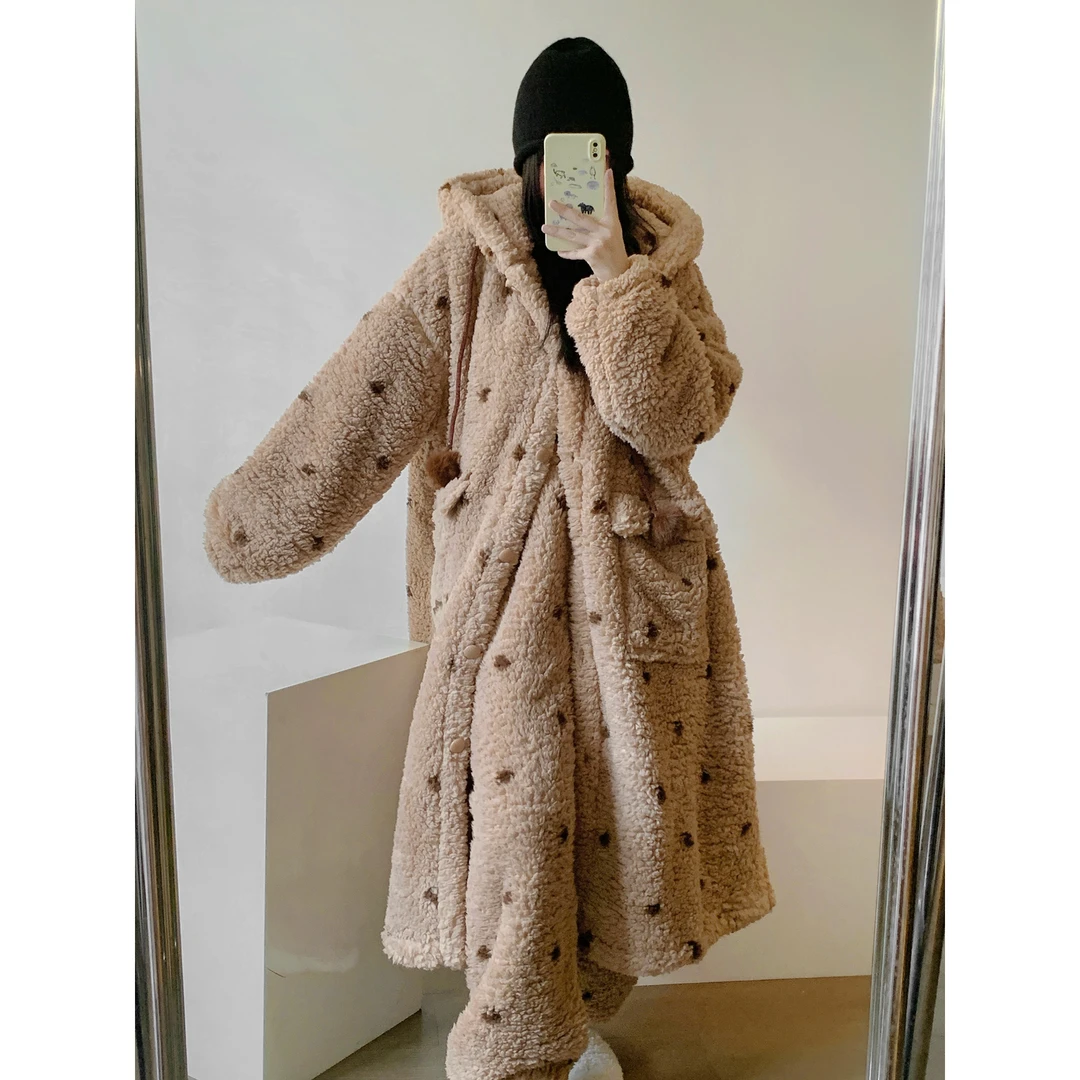 【简约波点】珊瑚绒连帽睡衣女冬季新款加绒睡袍长裤套装家居服冬