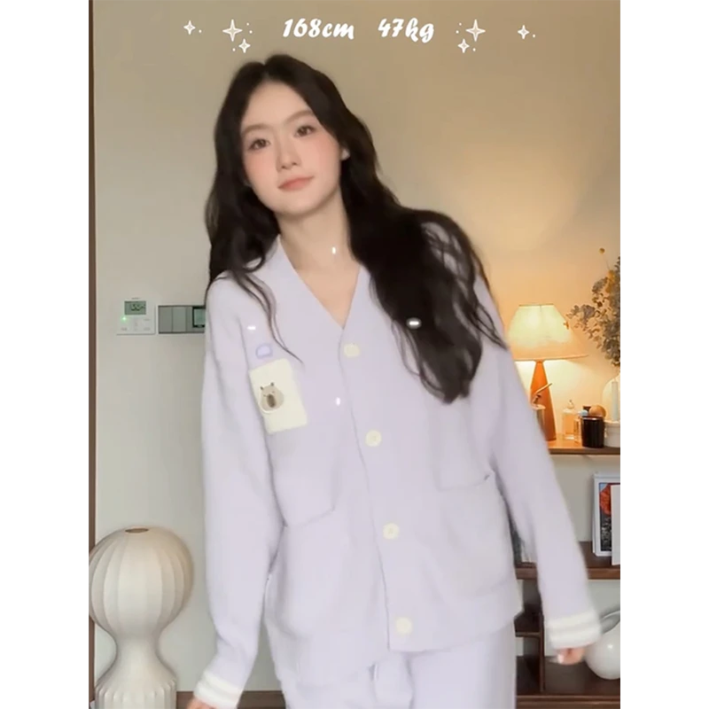 韩版小熊半紫色边绒睡衣冬季2024加绒加厚针织开衫长裤家居服套装