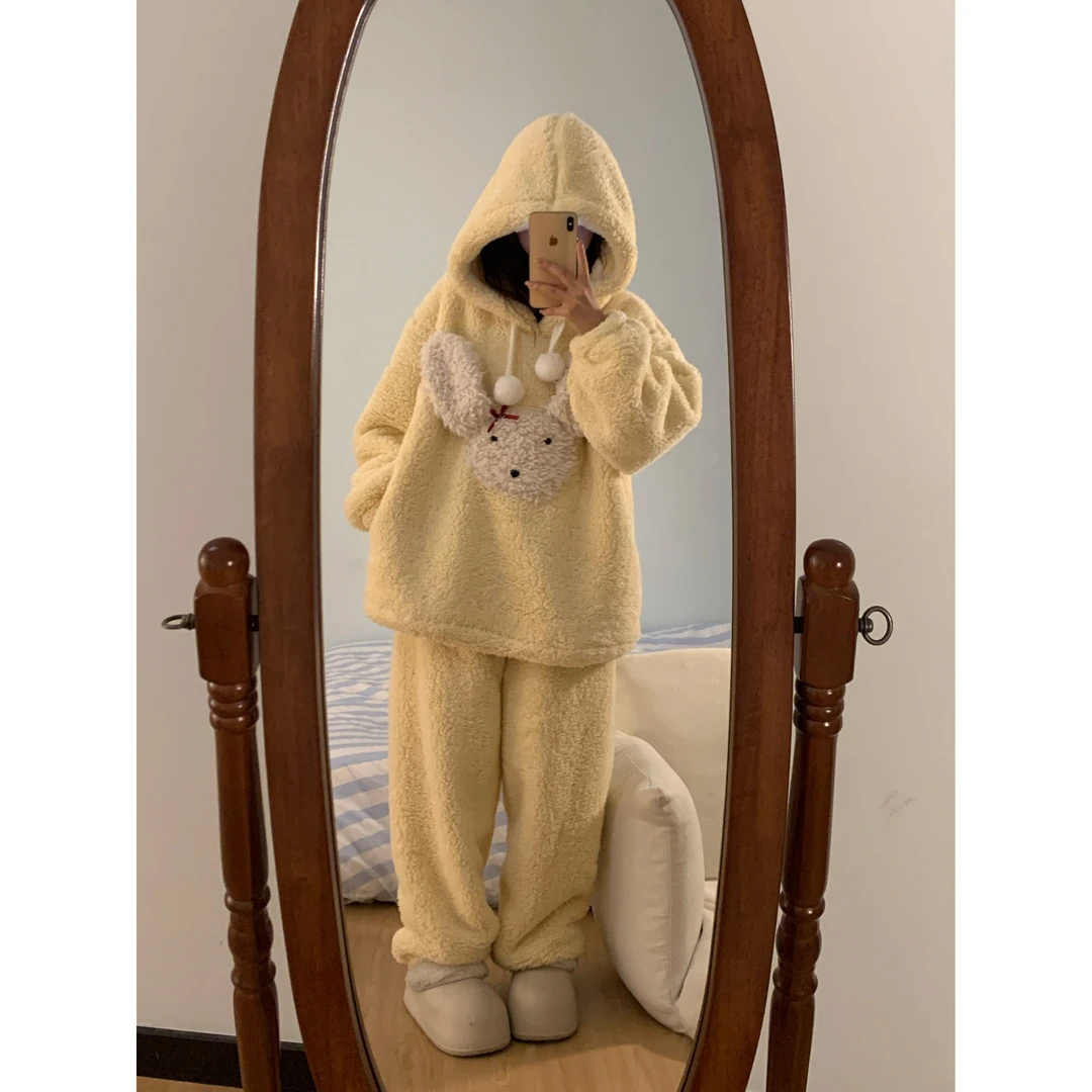 【软糯白兔】卡通可爱珊瑚绒连帽睡衣女冬新款加厚毛绒家居服套装