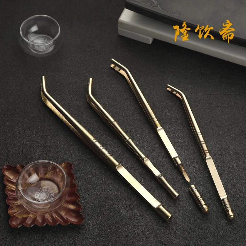 隆饮斋黄铜茶夹茶镊子茶杯夹子功夫茶具配件茶道六君子茶夹子高档