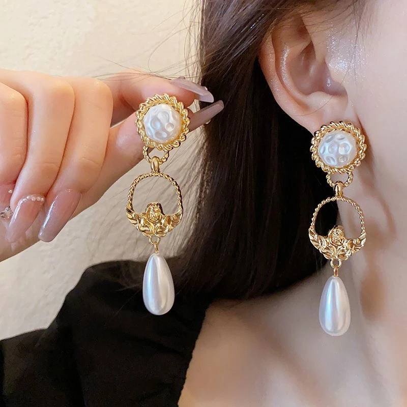 925银耳饰 复古法式天使珍珠水滴s925银针耳环时尚小众高级感耳饰