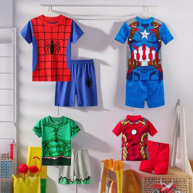 儿童蜘蛛侠套装短袖家居服卡通男童睡衣小孩薄款空调服宝宝夏