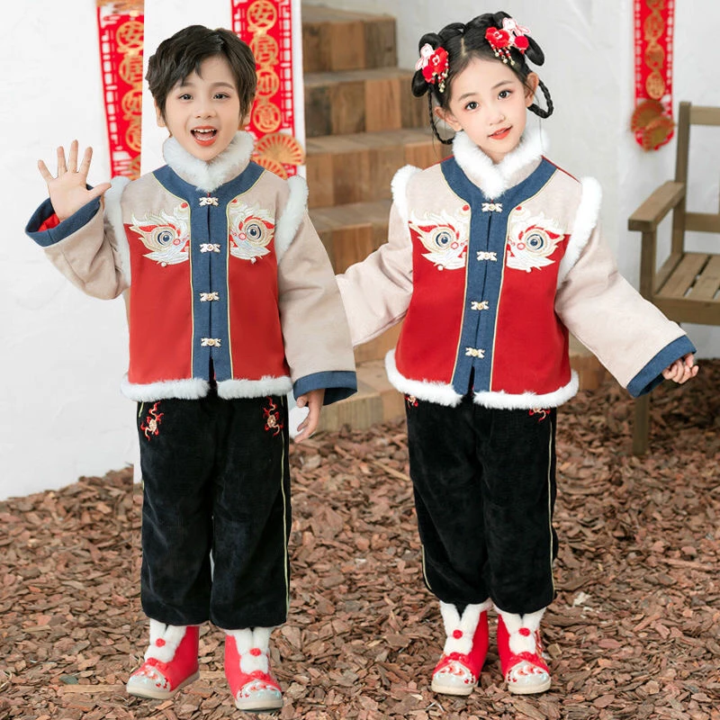 汉服男童拜年服儿童冬季夹棉加厚唐装新年过年中国风女童宝宝棉服
