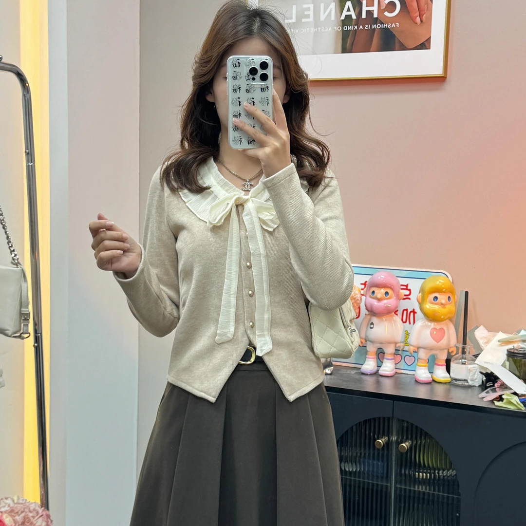 【现货】2023年秋冬新款荷叶边气质温柔蝴蝶结设计感上衣衬衫女142#