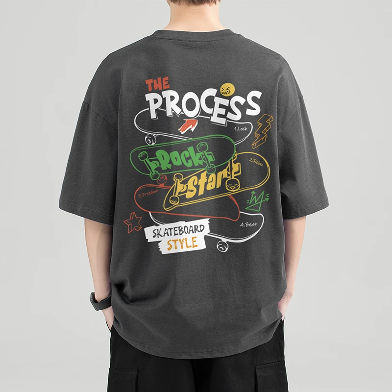 夏季新款ol短袖t恤男士百搭宽松港风潮流圆领五分袖半袖休闲2135