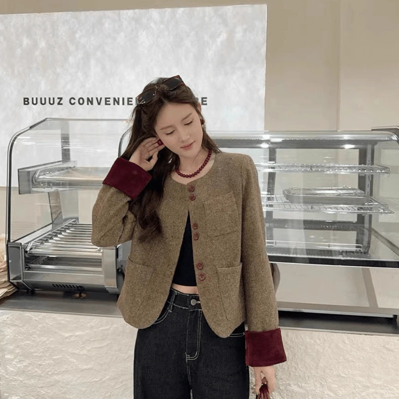 法式2024新款小个子春秋款拼接袖单排扣修身短款气质小香风衣外套