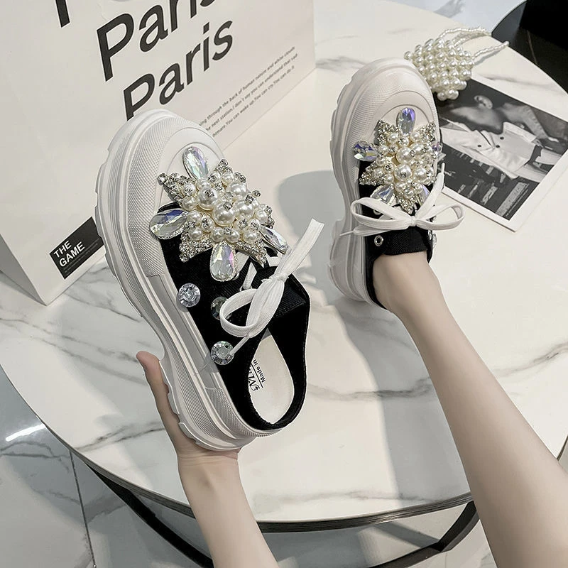 欧洲站2025新款时尚包头半拖鞋女士外穿厚底帆布鞋水钻松糕懒人鞋