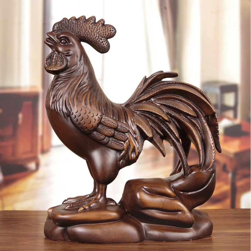 实木雕雄鸡摆件中式金鸡报喜木质生肖客厅玄关柜手工艺品乔迁礼品