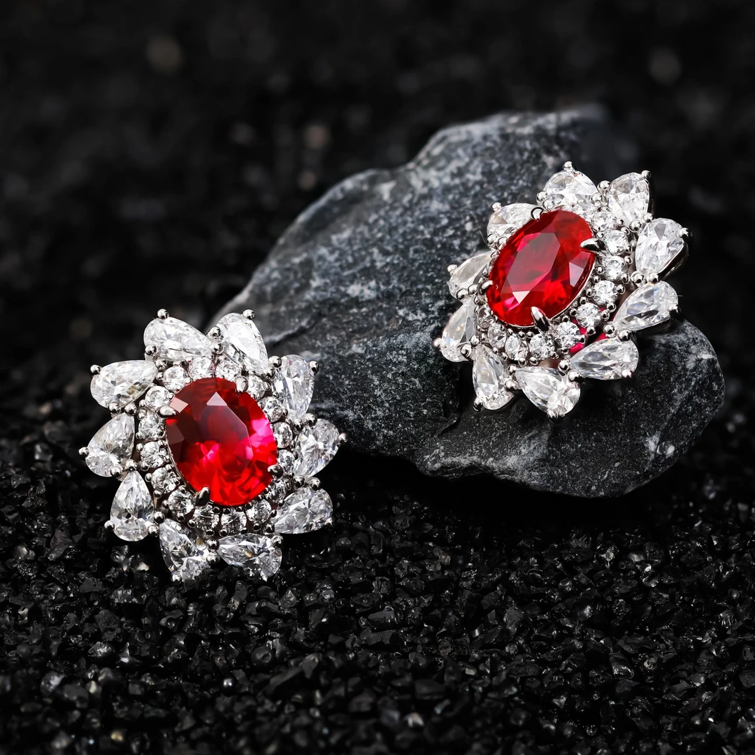 合成/培育BLINGEM银蝶花海鸽血红红宝石耳钉丙丁珠宝