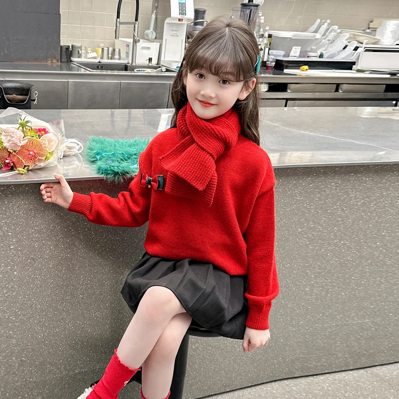 女童毛衣儿童2025新款洋气针织衫秋冬季大童打底加绒女孩新年红色