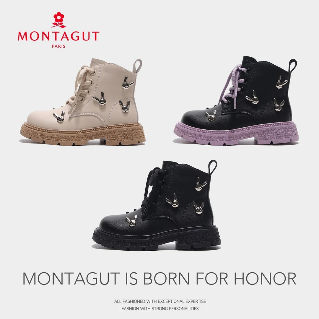 Montagut梦特娇女童马丁靴2024冬季新款儿童皮靴中大童软底短靴男