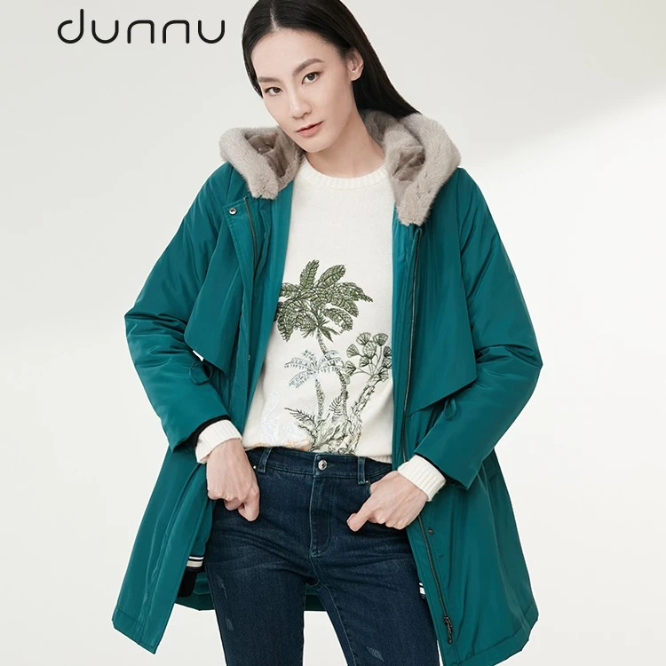 dunnu敦奴冬季新款中长款连帽外套女派克服防风保暖时尚女士通勤