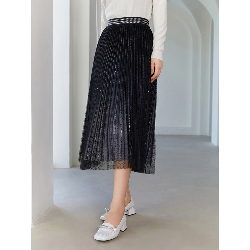 敦奴旗舰店秋冬商场同款法式气质高腰显瘦百褶裙长裙黑色半身裙