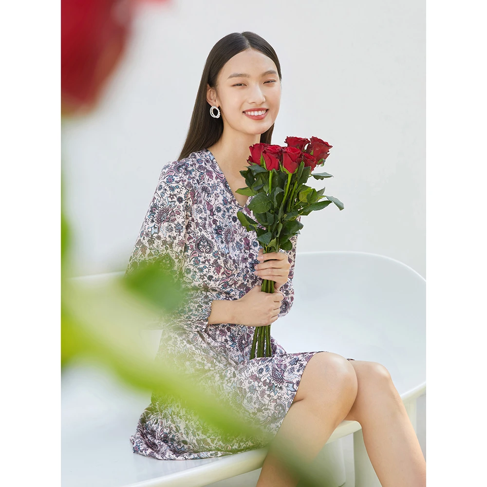 dunnu敦奴秋商场同款长袖收腰荷叶边V领印花连衣裙时尚修身气质