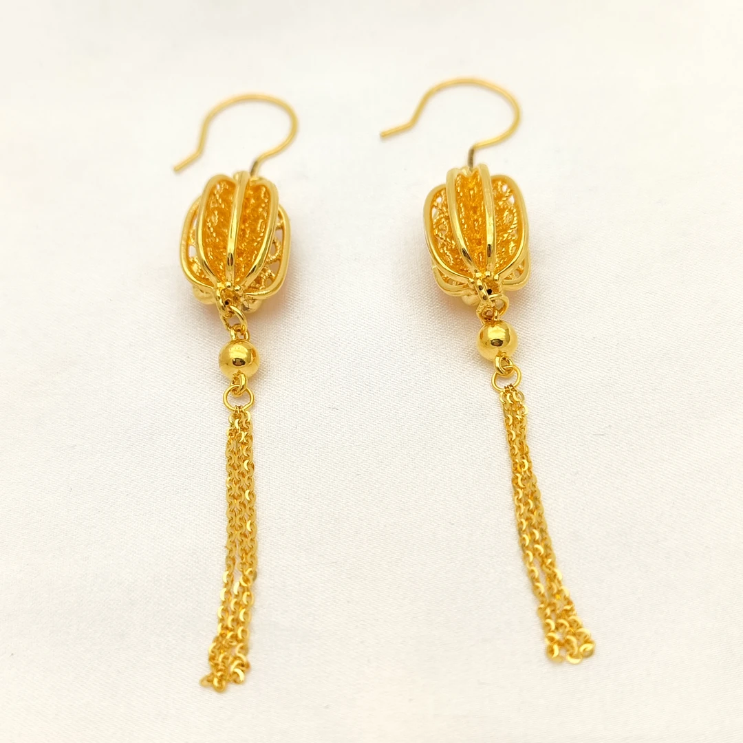 #7536美开乐黄金足金999花丝灯笼流苏5D耳坠汉服旗袍配饰新娘耳饰