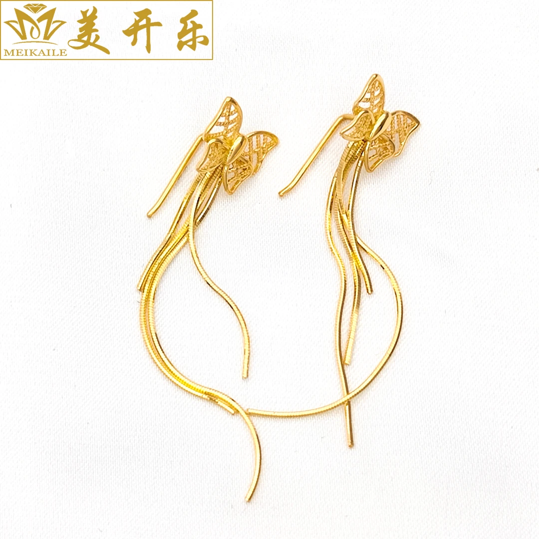 7133美开乐珠宝黄金足金999蝴蝶结流苏耳钩耳针简约时尚黄金首饰