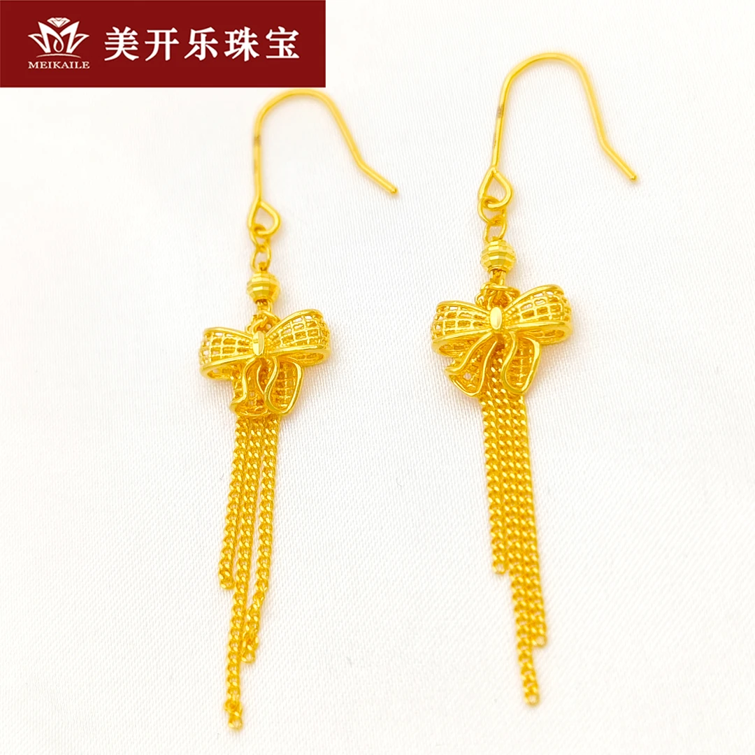 741美开乐珠宝黄金耳针镂空蝴蝶结流苏百搭足金999首饰直播女款