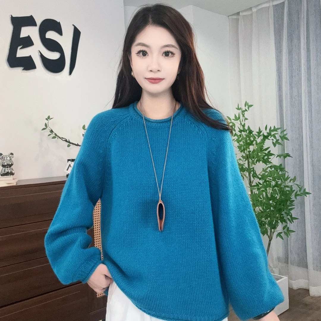 【口碑】新款简约韩版长袖全羊毛圆领宽松百搭时尚慵懒风洋气毛衣