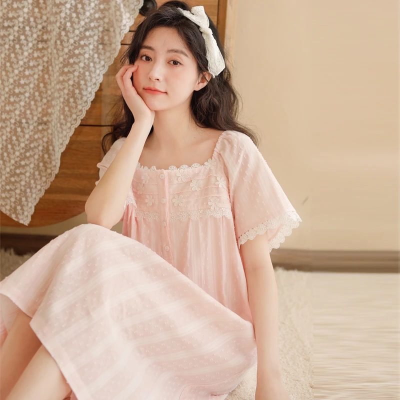 【清溪】春夏纯棉女士宽松睡裙国风精美刺绣短袖薄款中长裙可外穿