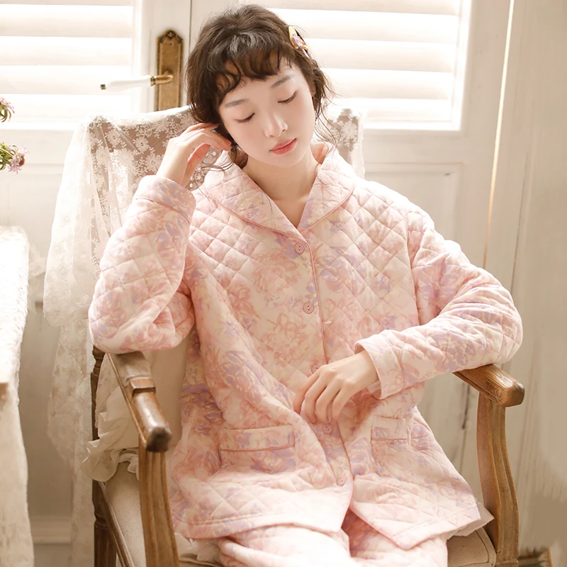 海棠花秋冬纯棉女士睡衣日系加厚保暖翻领长袖长裤套装10262