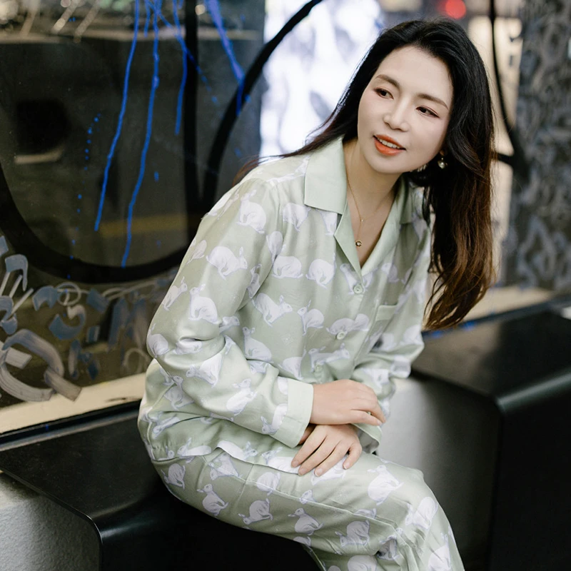 春夏莱赛尔天丝女士睡衣时尚休闲长袖长裤宽松薄款家居服套装
