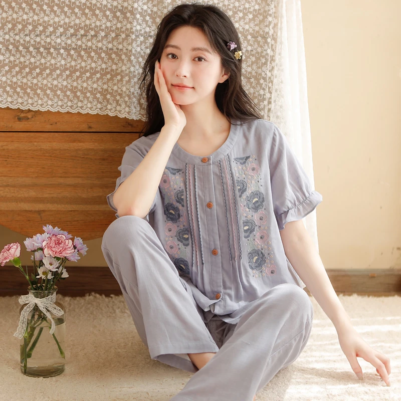 春夏纯棉女士夏季睡衣圆领复古宽松棉纱短袖长裤家居服休闲套装