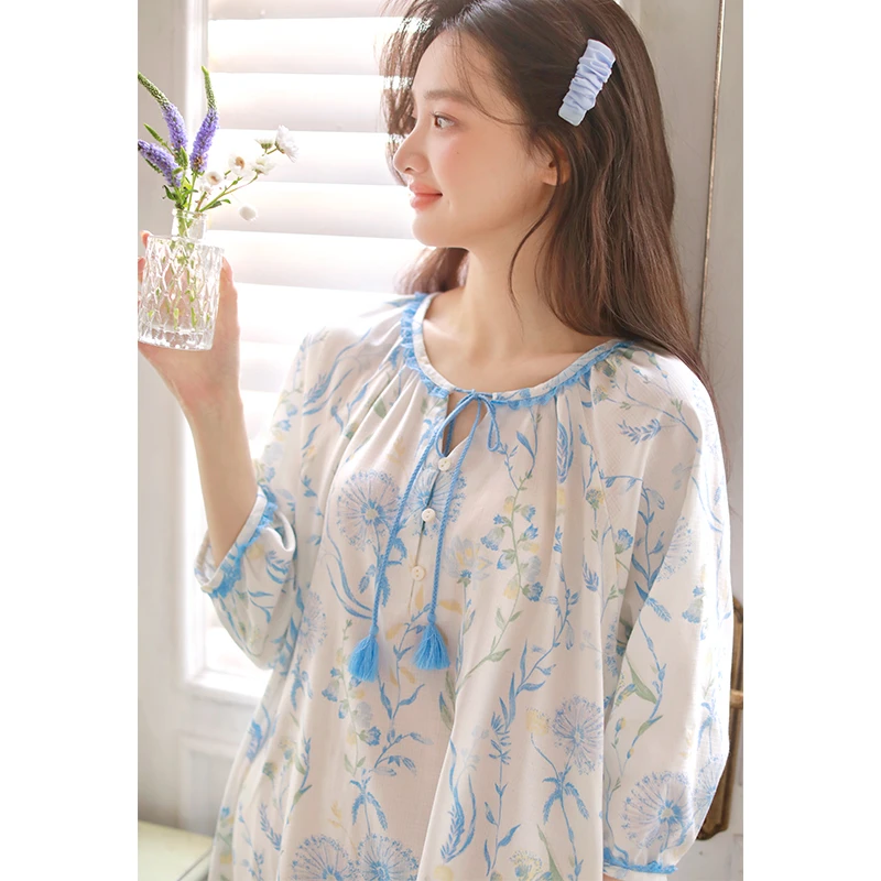 7分袖长裙纯棉睡裙女士精致印花圆领双层棉纱宽松中长款可外穿