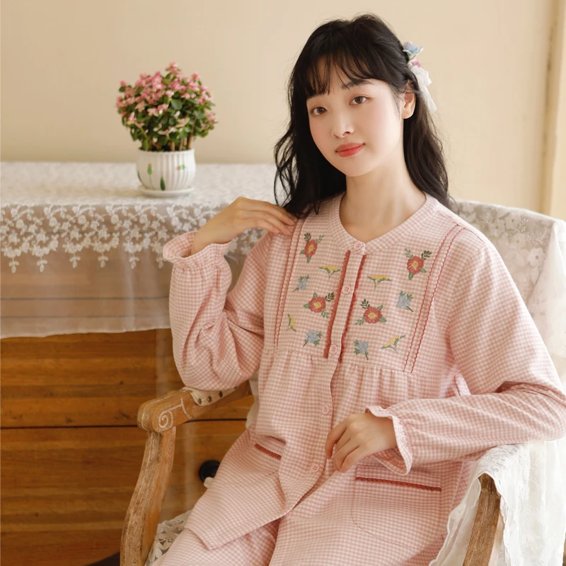【清函】秋冬纯棉女士睡衣磨毛小格子刺绣宽松长袖长裤家居服套装
