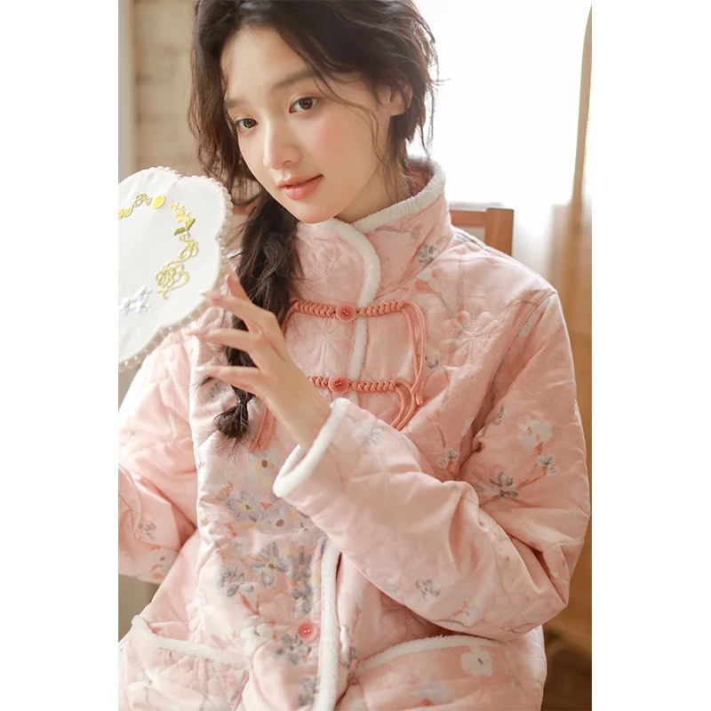 秋冬纯棉女士保暖睡衣新中式长袖长裤加绒套装精美印花家居服