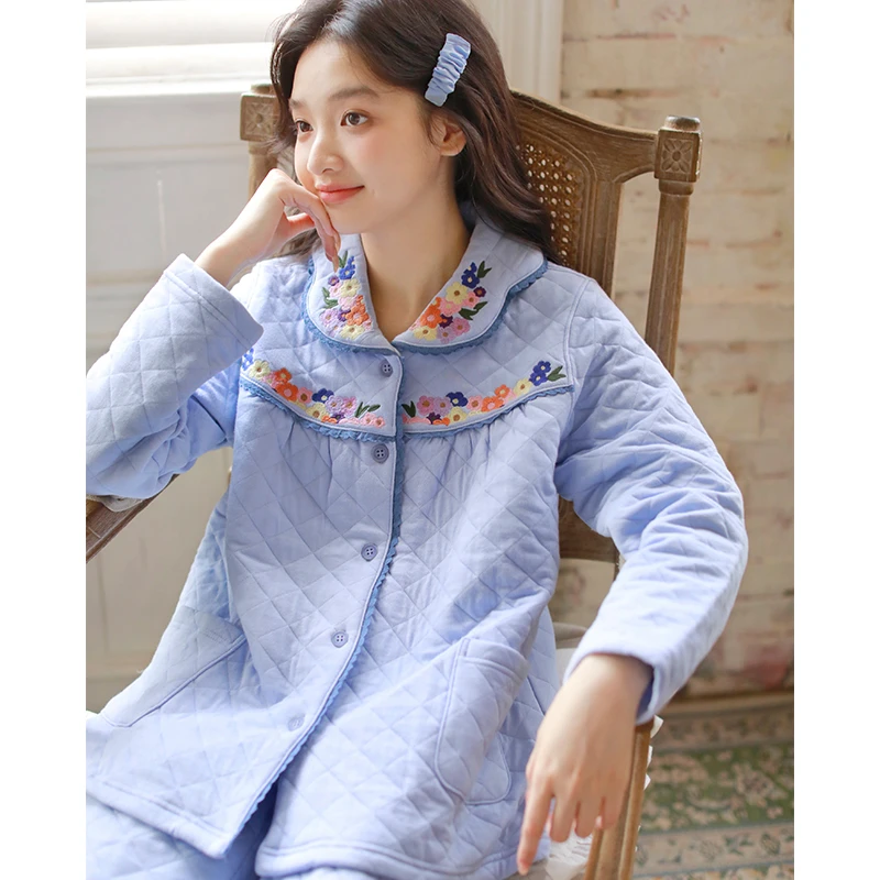 《色瑾》秋冬纯棉女士保暖加厚印花大码可外穿长袖长裤家居服套装